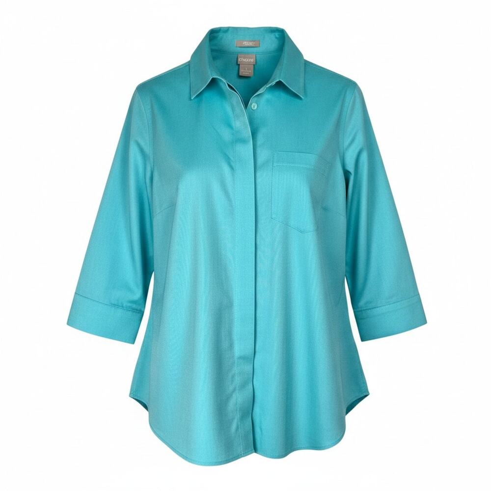 Chicos Women's Size 1/ M Turquoise Cotton No Iron Button Up Collared Shirt Top